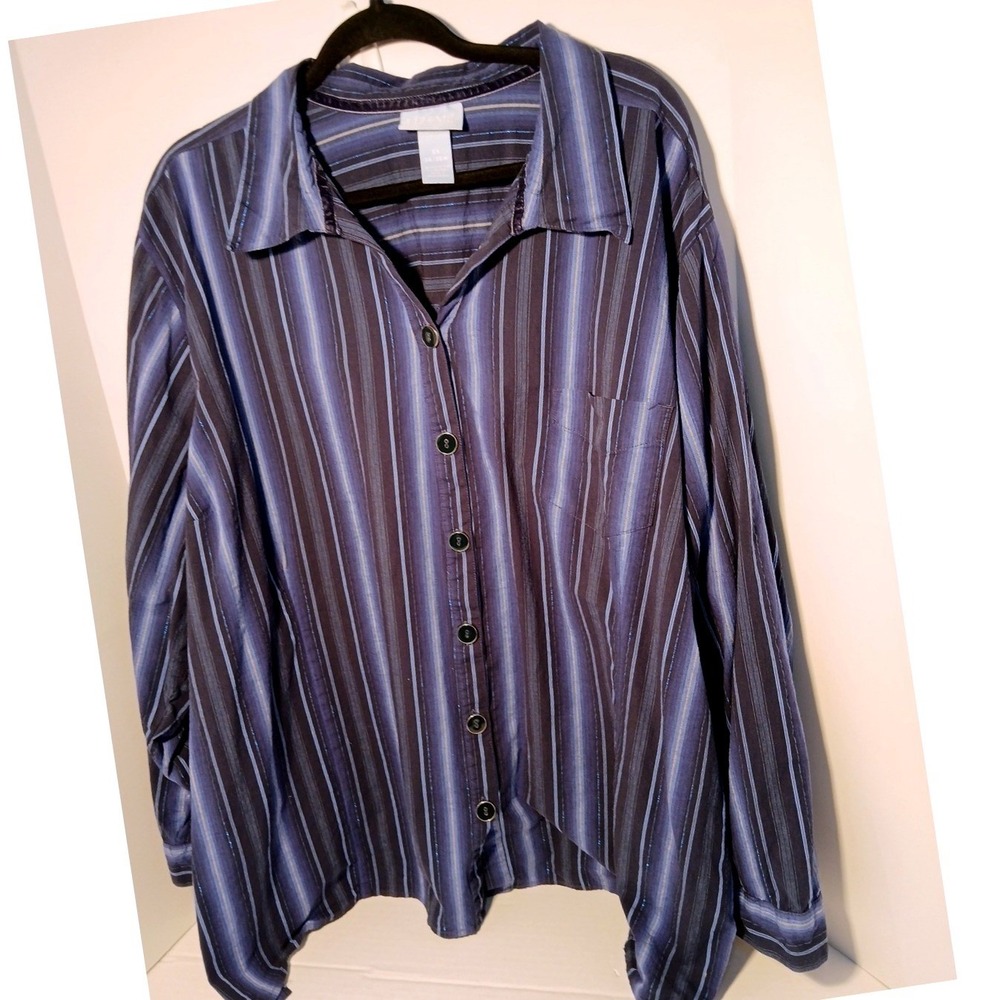 Liz & Me Striped Button Down Blouse Women 5X Blue Metallic Shimmer Lightweight